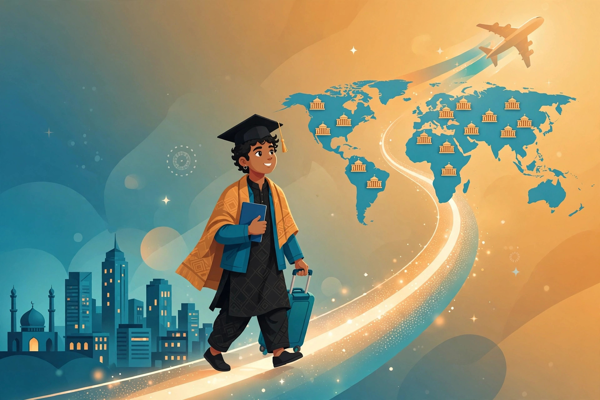 Illustration of a Pakistani graduate with a suitcase walking a glowing path toward a world map of universities and a departing airplane