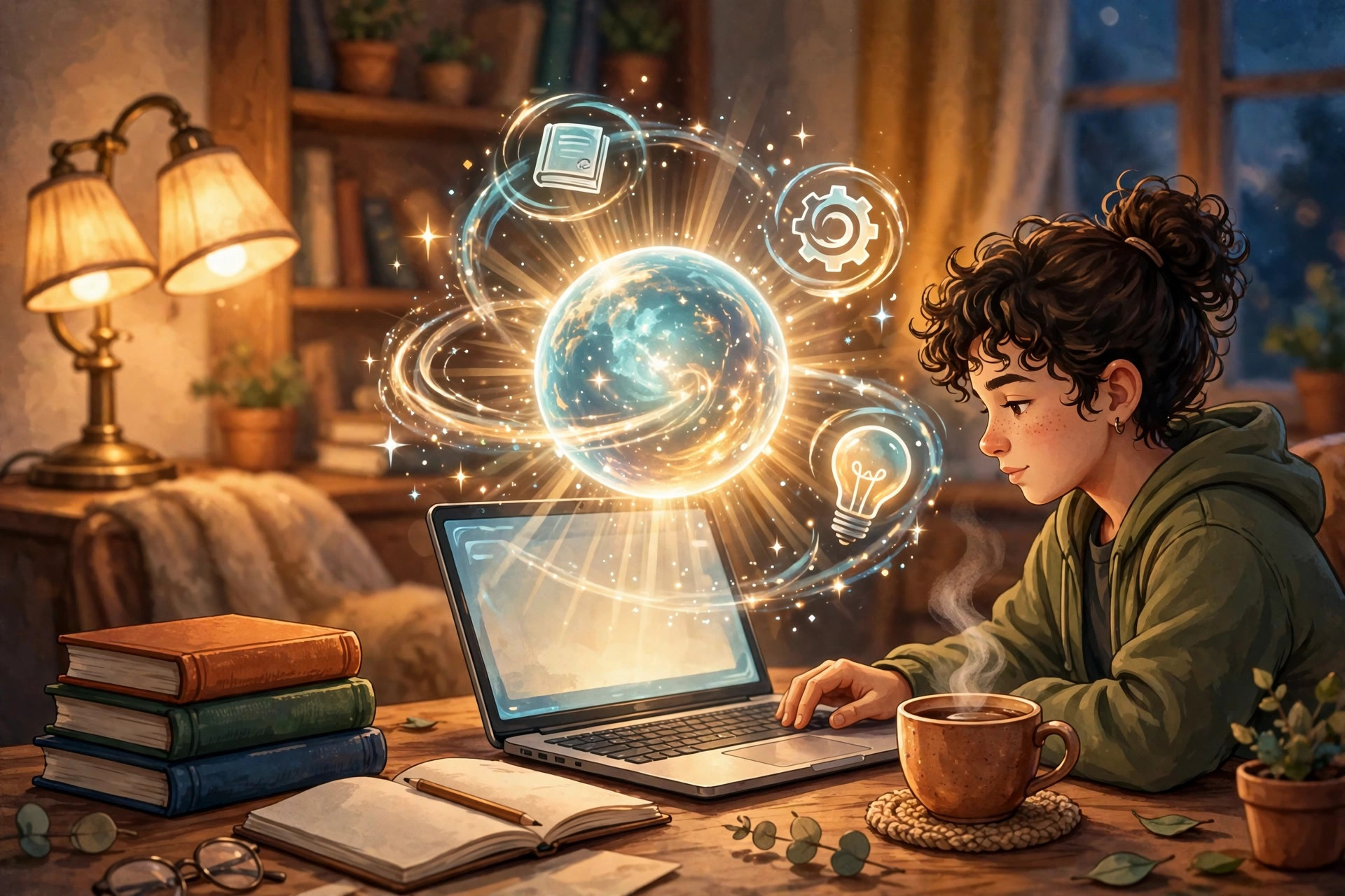 Student at a warm-lit desk with a laptop and a glowing AI assistant orb surrounded by books, gears and a lightbulb