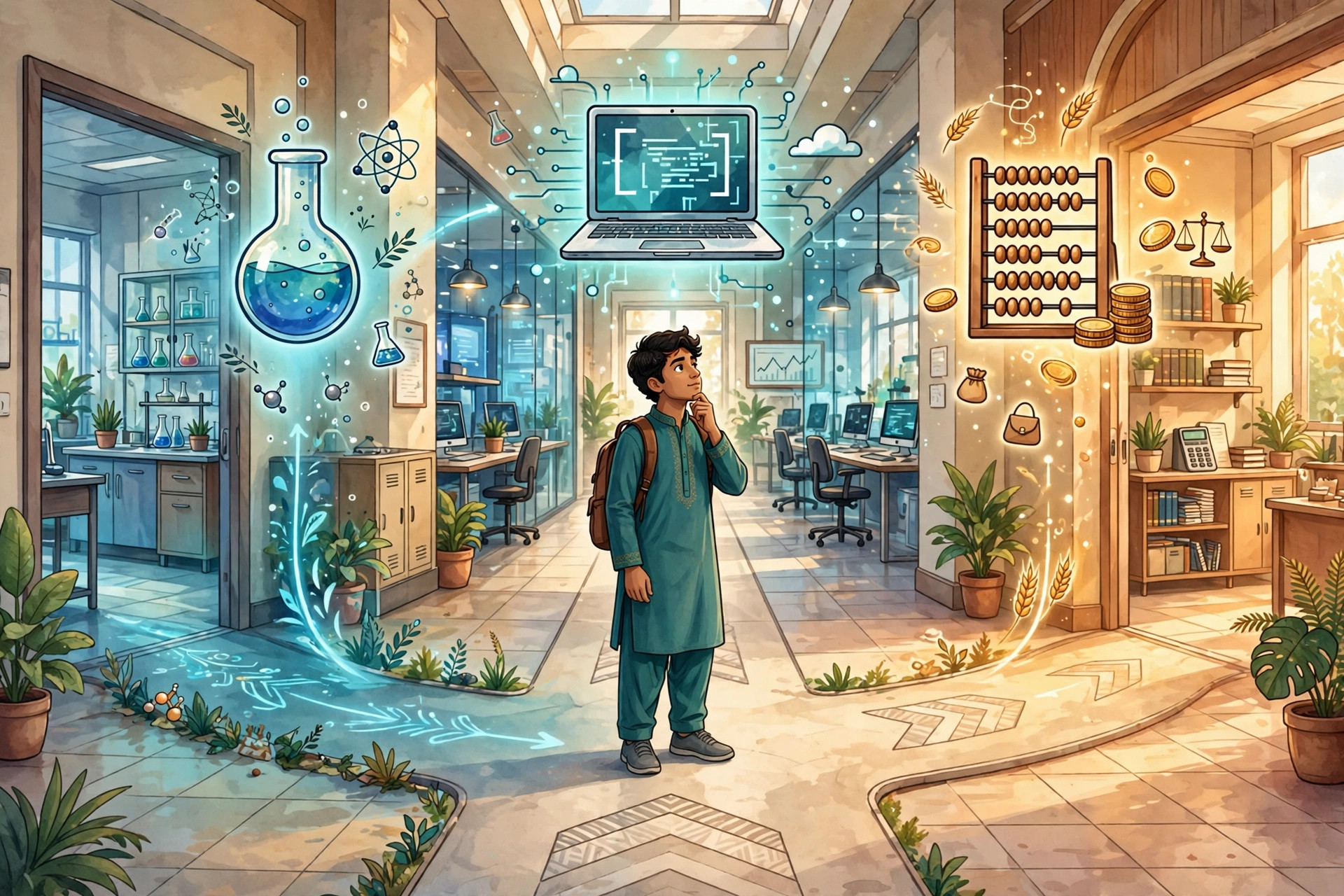 A Pakistani student at a crossroads choosing between three study paths: science, computer science and commerce